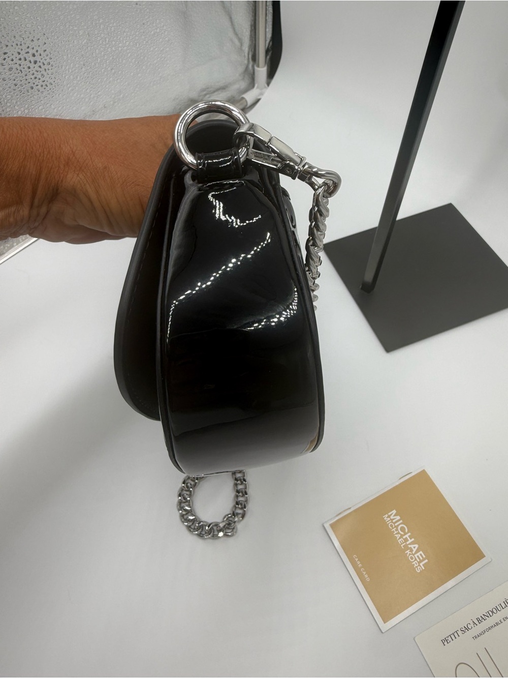 Michael Kors Black Patent Quilted Crossbody Bag with Silver Chain NWT - Picture 8 of 15